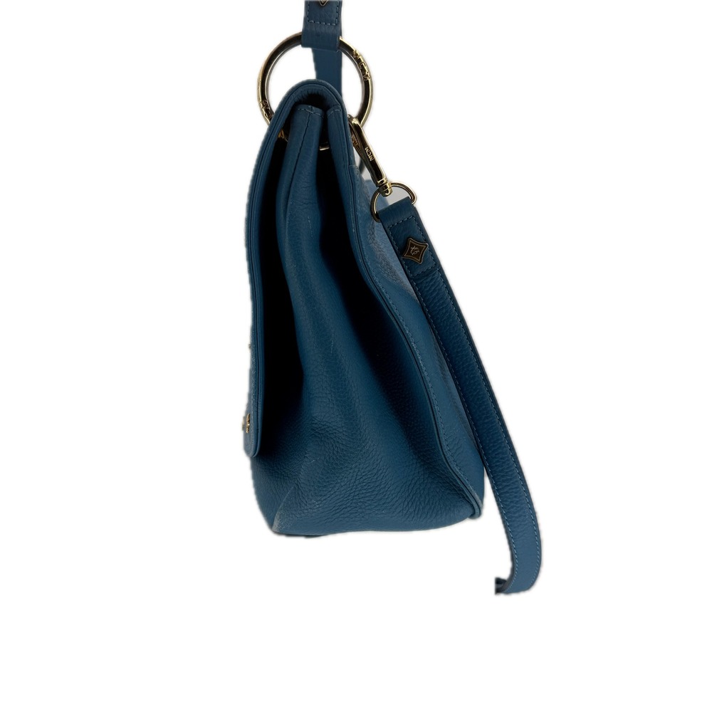 MCM Blue Pebbled Leather Studded Flap Crossbody Messenger Hobo Bag Gold Hardware - Picture 2 of 16